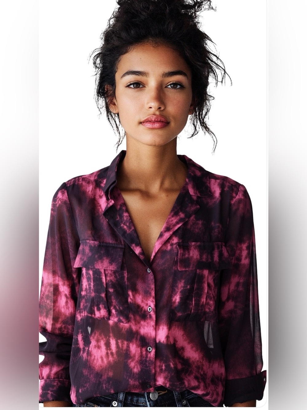 Zara Pink and Black Tie-Dye Button-Down Shirt/blouse - M NWOT